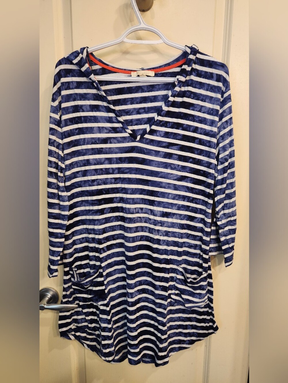 Striped Navy and White V-Neck Tunic Top with Pockets